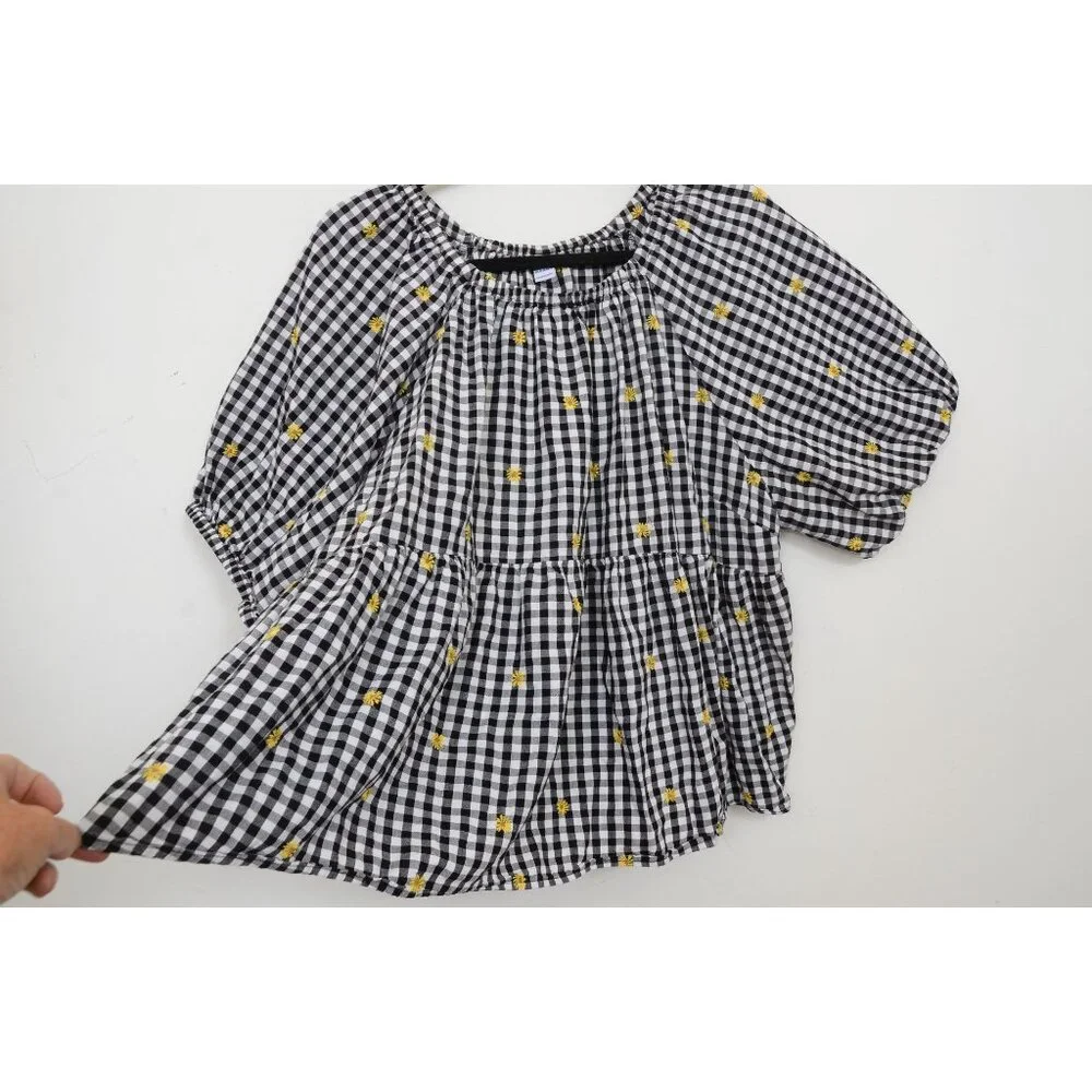 Old Navy PLUS XXL Gingham Floral Daisy Embroidered Puff Sleeve Babydoll Top